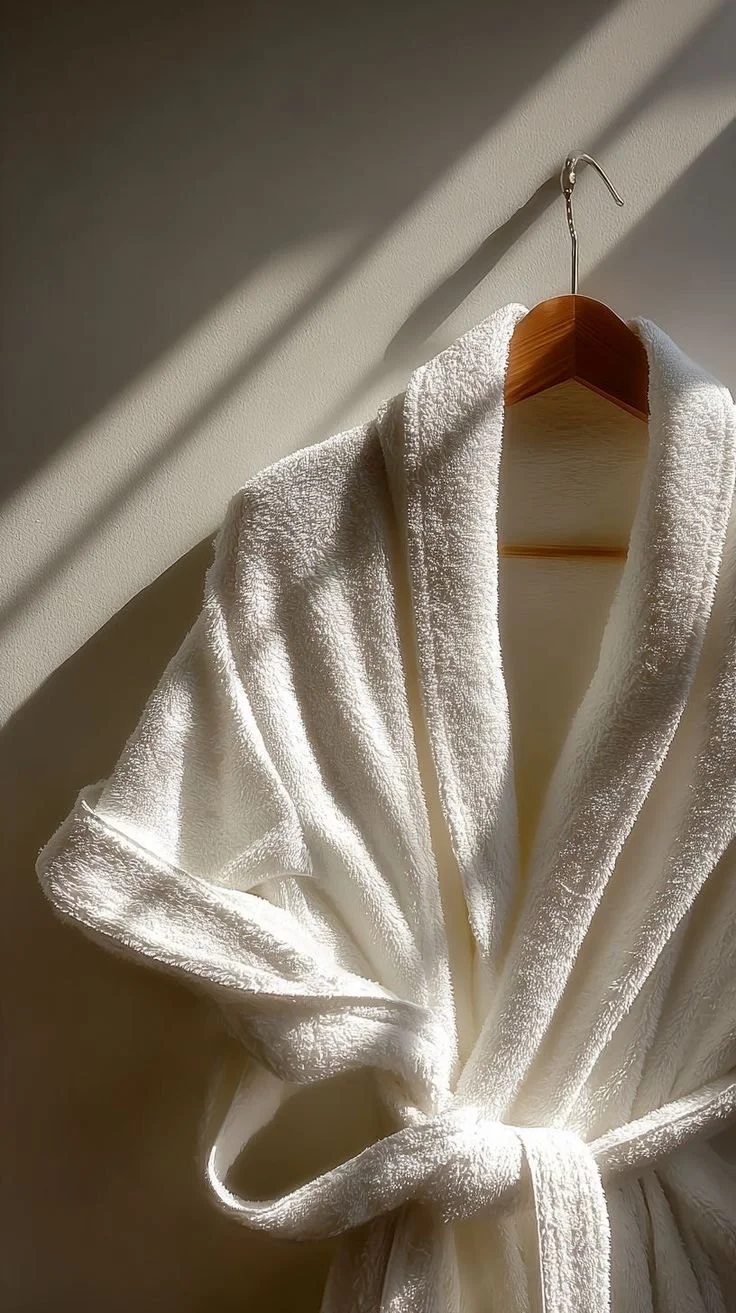Un peignoir blanc en tissu pelucheux suspendu sur un cintre en bois, accroché à un mur, avec un jeu de lumière et d'ombres.