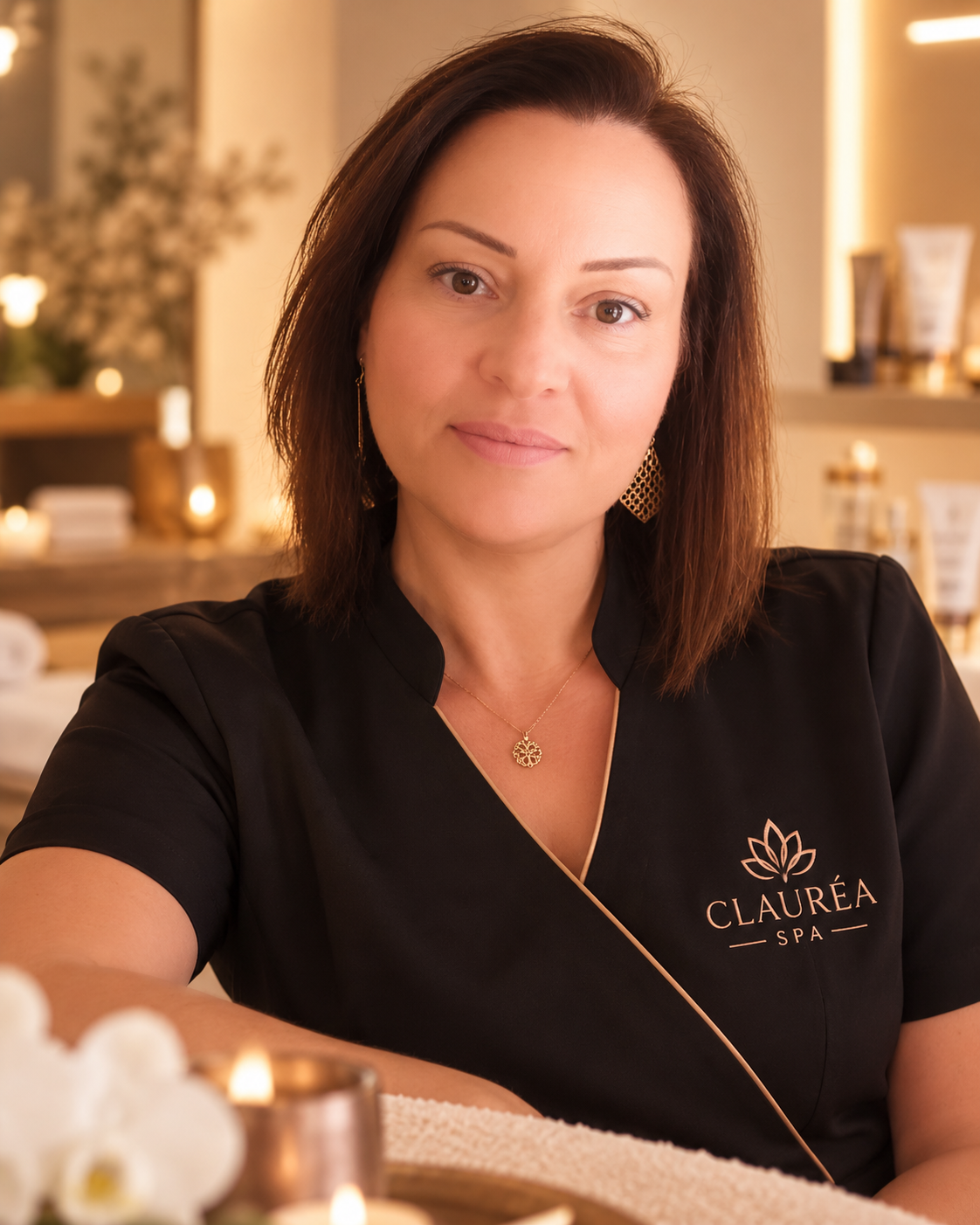 Une femme souriante avec les cheveux en ligne droite, portant un uniforme noir avec le logo 'CLAURÉA SPA', dans un spa avec un éclairage chaleureusement et des bougies en arrière-plan.