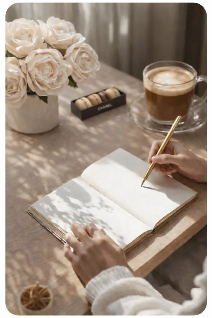 Une personne écrit dans un carnet blanc à une table en bois, avec un vase de roses blanches, une boîte de macarons, et une tasse de café à côté.