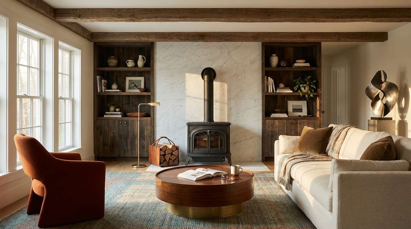 Living room with large windows, a wood stove on a marble hearth, a beige sofa with brown and beige pillows, a rust-colored armchair, a round wooden coffee table with a book, a coffee mug, and glasses, dark wooden shelves with decorative items and books, and a large abstract sculpture on a pedestal.