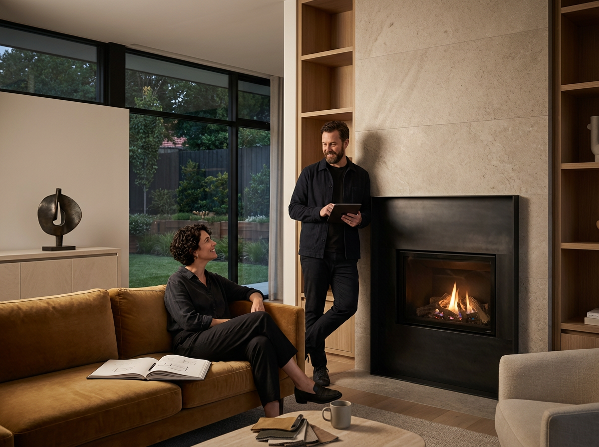 A man and a woman in a living room, talking and smiling. The woman is sitting on a tan sofa with an open book, and the man is standing by a fireplace holding a tablet. The living room has large windows, a decorative sculpture, and a view of a garden outside.
