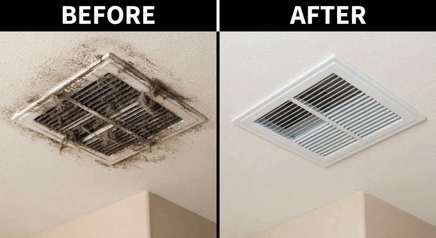 Side-by-side comparison of an ceiling vent before and after cleaning. The 'before' vent is covered in dust and grime, while the 'after' vent is clean and bright.