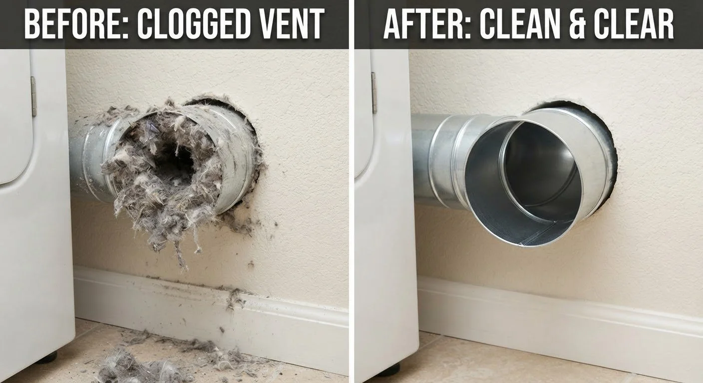 Side-by-side comparison of a vent before and after cleaning. The left shows a clogged vent with lint and debris, and the right shows a clear, clean vent.