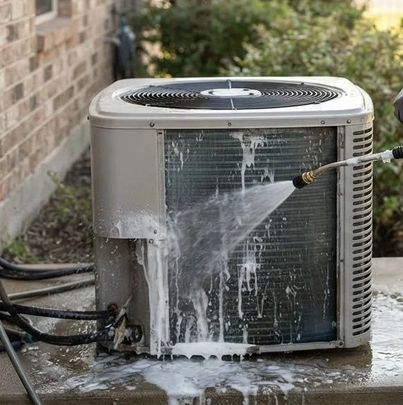 An outdoor air conditioning unit being pressure washed with water.