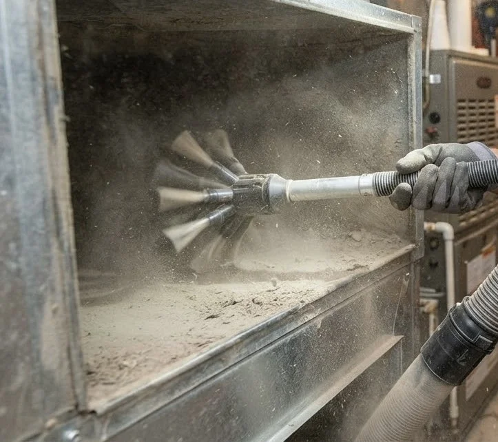 A person wearing gloves cleaning a dust or debris-filled oven or industrial machine with a power cleaning tool.