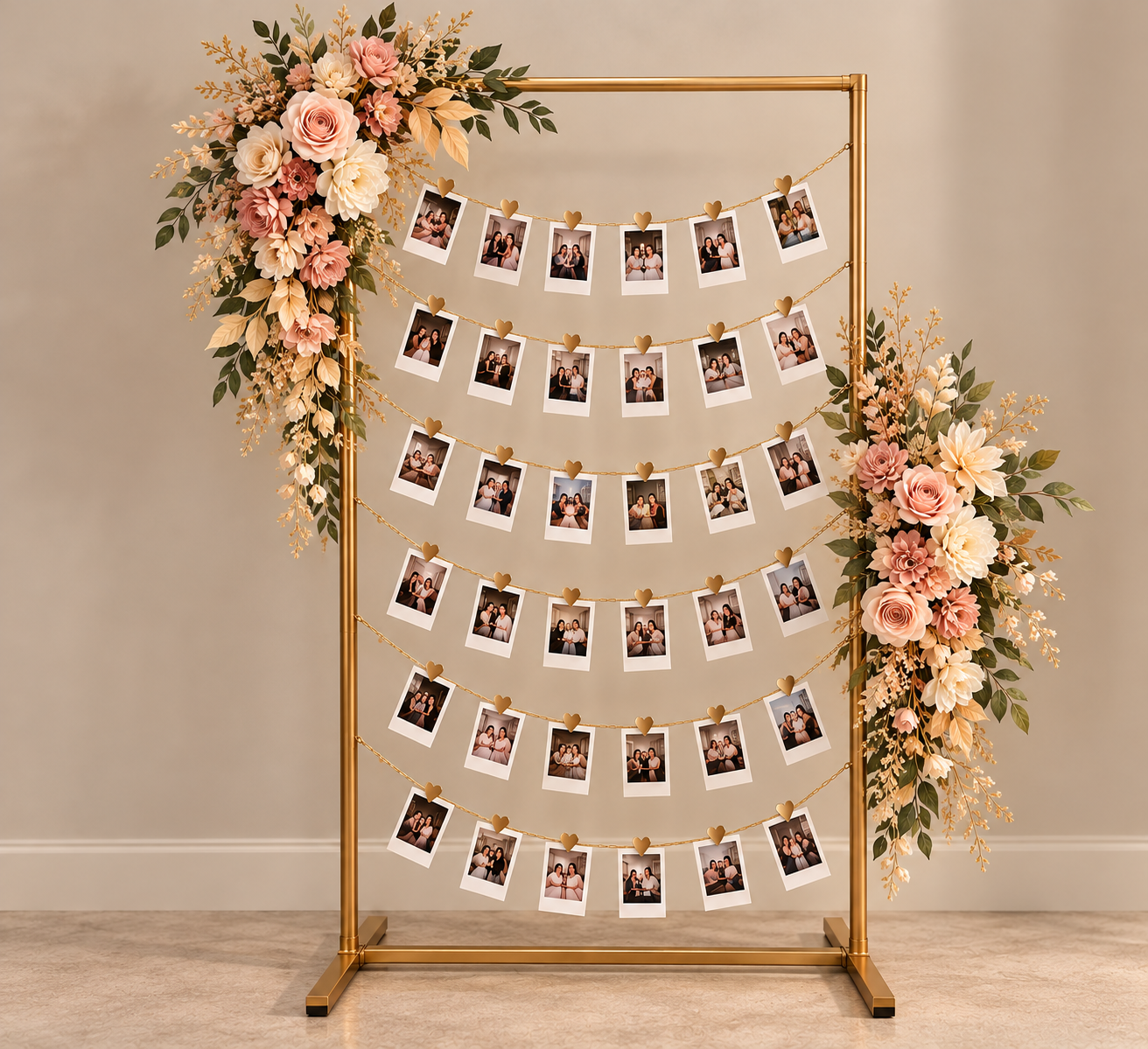 A photo display stand decorated with pink and white flowers and greenery on both sides, holding multiple strands of small Polaroid photos attached with gold hearts, arranged in horizontal rows.
