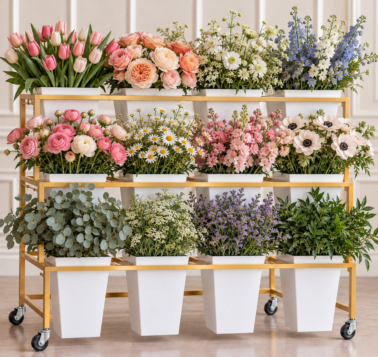 A natural mix of tulips, garden roses, seasonal wildflowers, and airy filler.