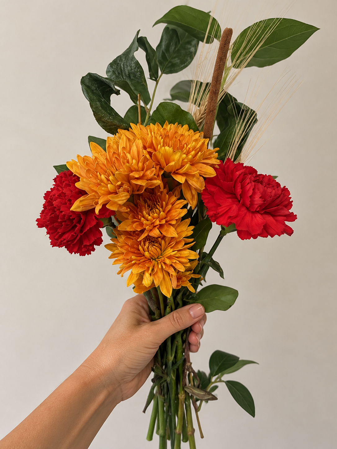 Person holding a bouquet of orange chrysanthemums and red carnations, with green leaves and decorative wheat stalks, against a plain light background.