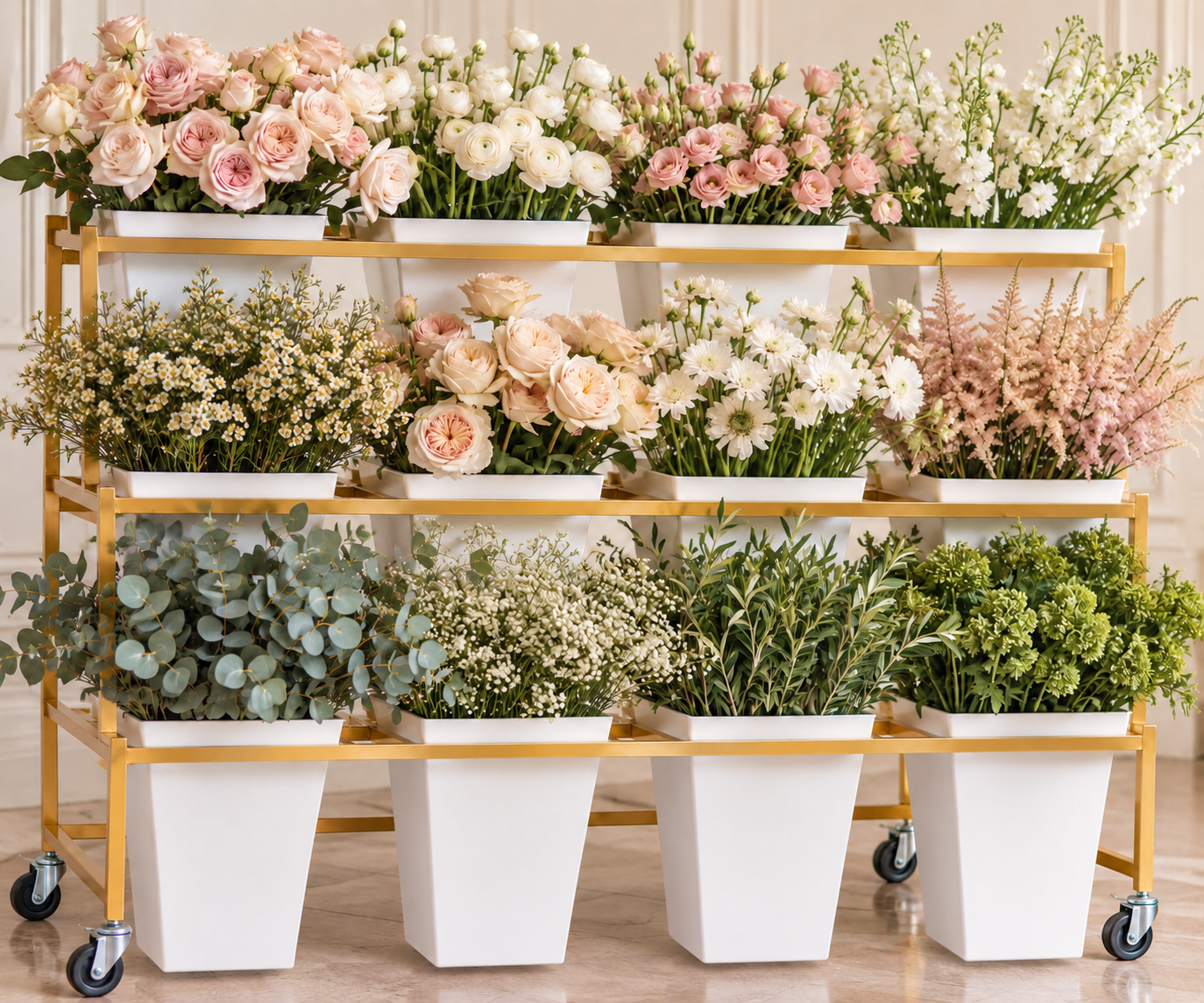 Soft blush, ivory, and champagne blooms featuring garden roses, ranunculus, and delicate filler .
