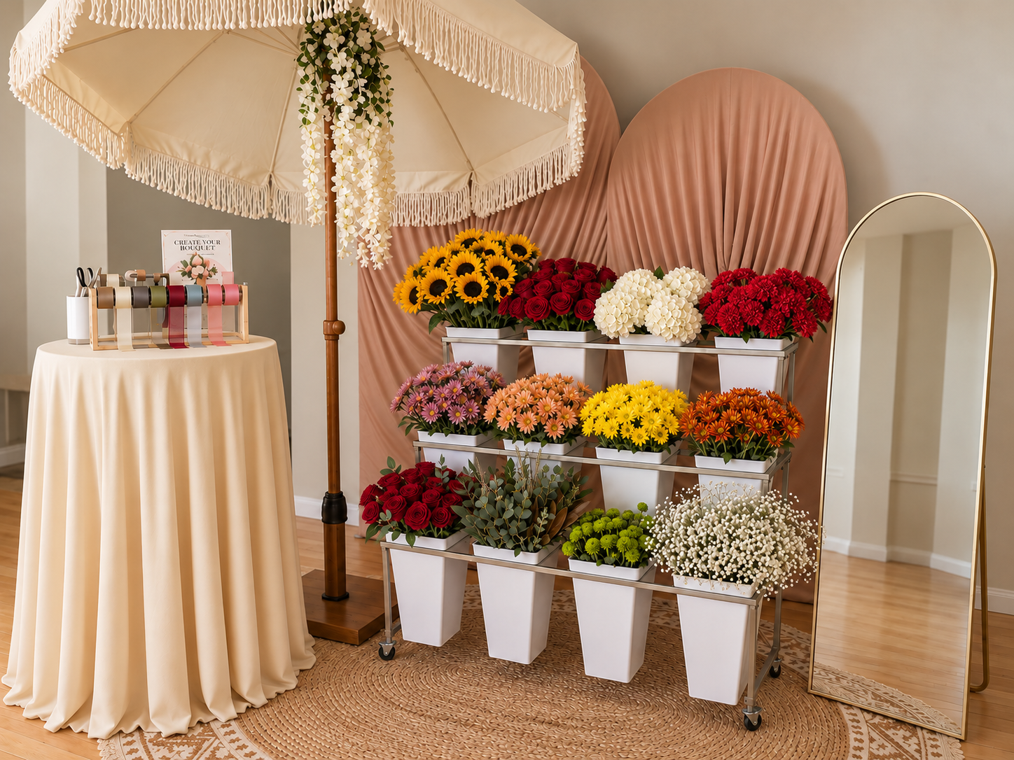 A mobile flower bar featuring seasonal blooms displayed in white buckets on a gold tiered cart.