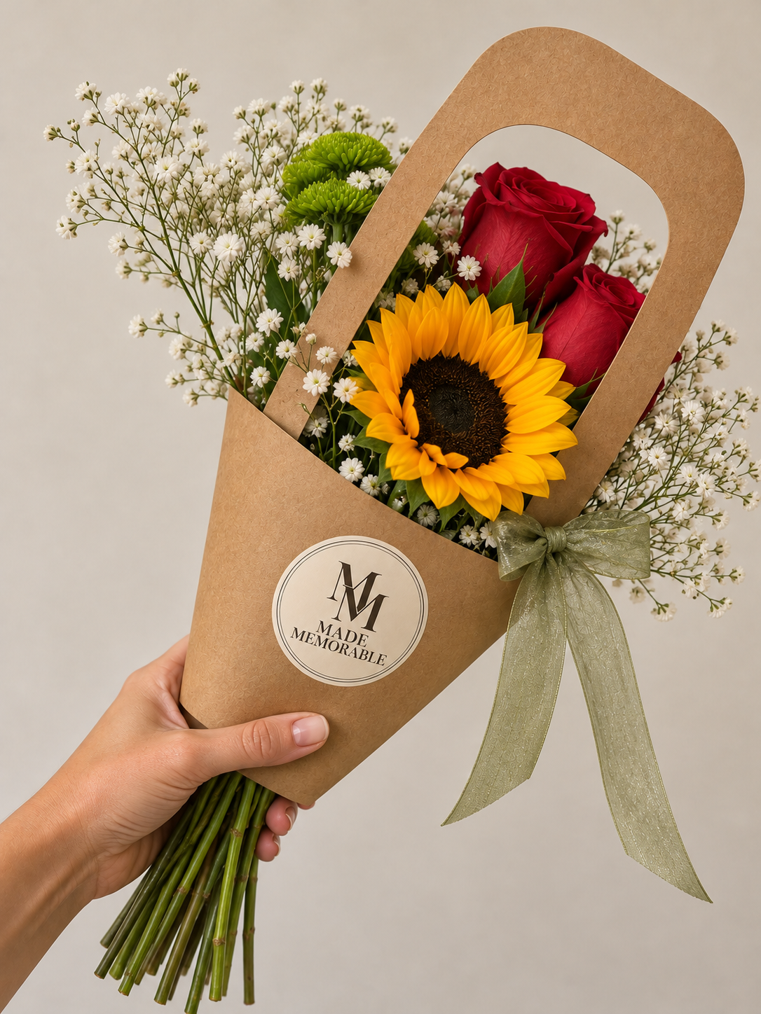 A hand holding a bouquet of flowers wrapped in brown paper with a green bow, featuring a sunflower, two red roses, and white baby's breath flowers, with a round label reading "Made Memorable."