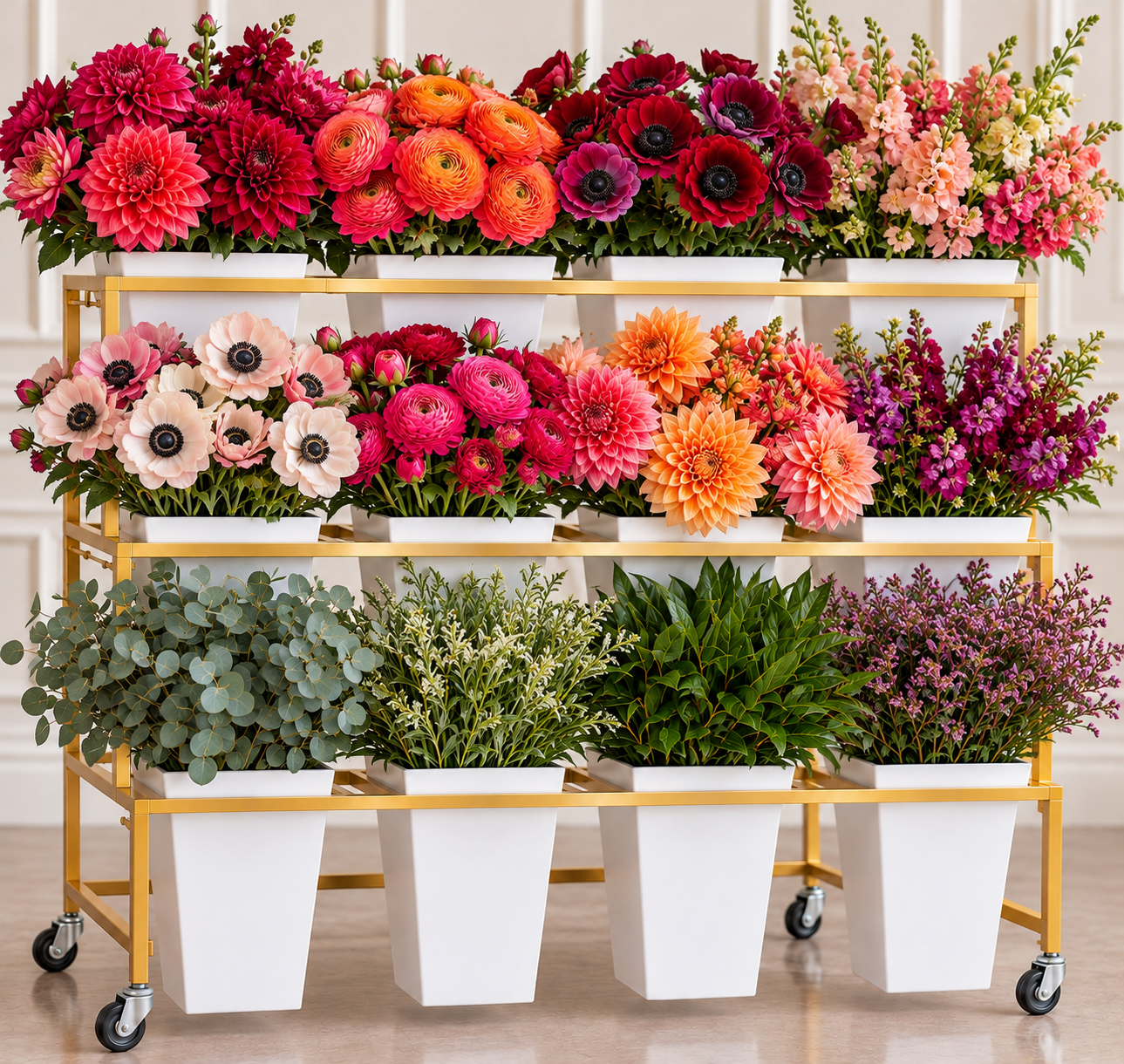 Rich, saturated blooms featuring dahlias, ranunculus, and anemones.