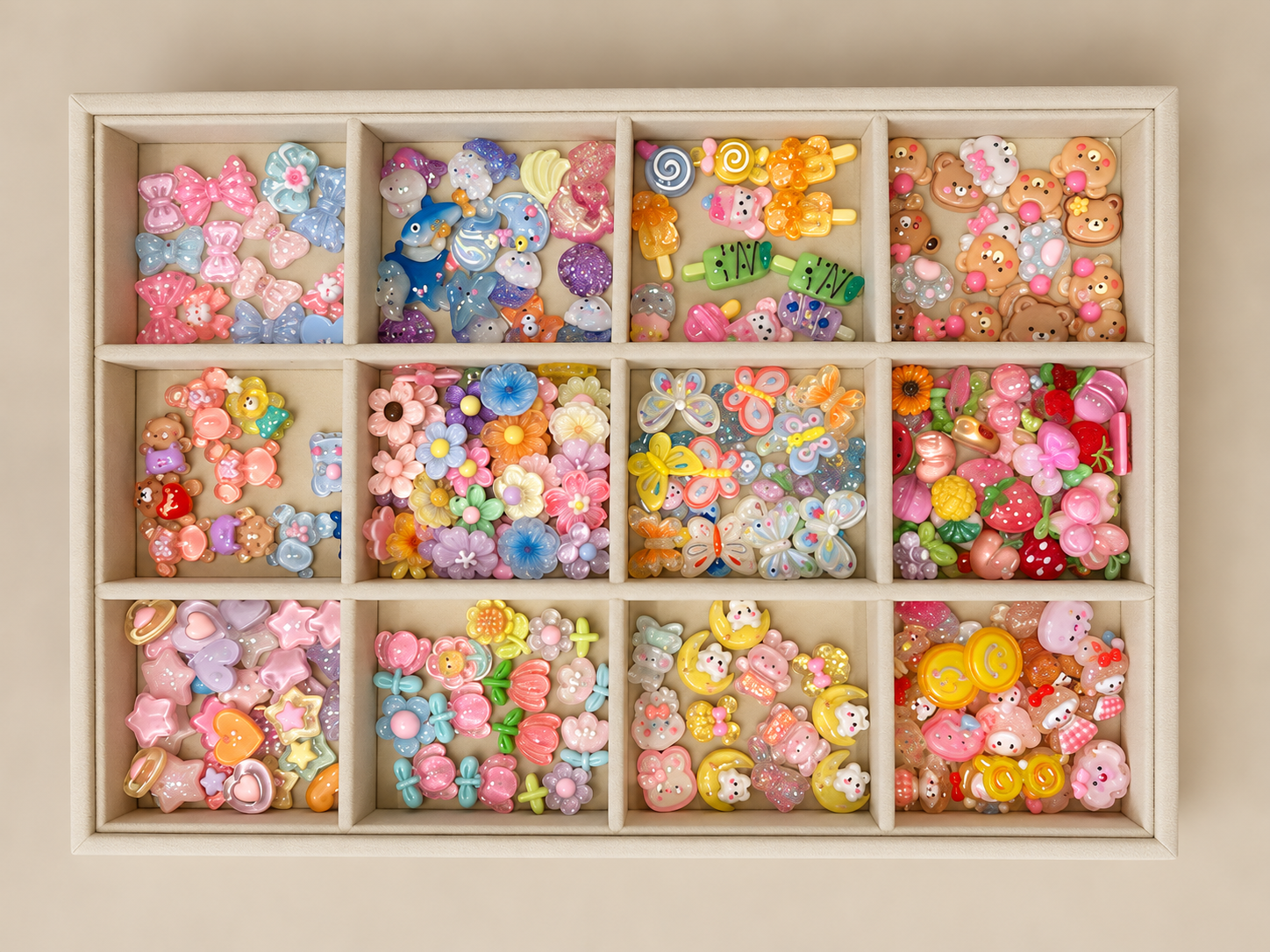 A wooden box with twelve compartments filled with colorful assorted small plastic charms and beads, including flowers, animals, and shapes.
