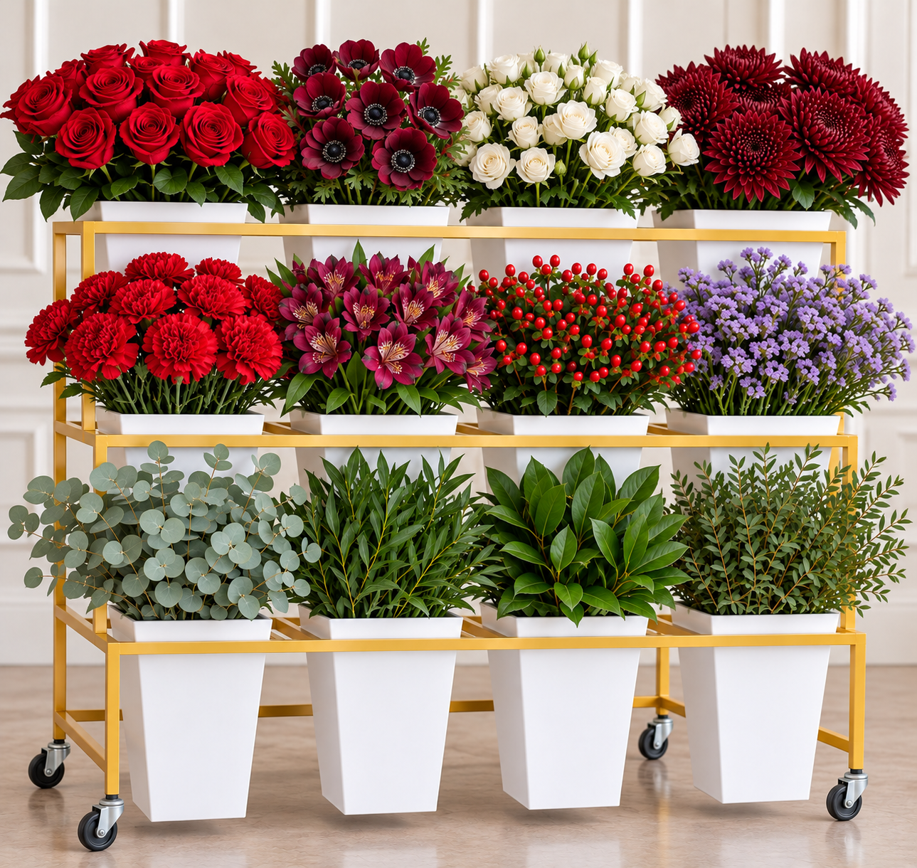 Vibrant mobile flower cart with winter florals in deep reds and burgundy.