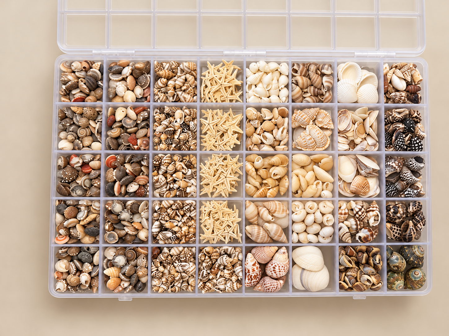 A plastic storage case with 35 compartments filled with various types of seashells arranged by size, shape, and color.