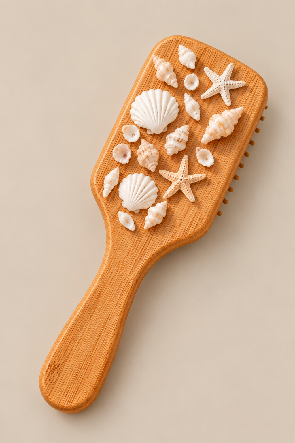 wooden paddle with various white and beige seashells and starfish on it.