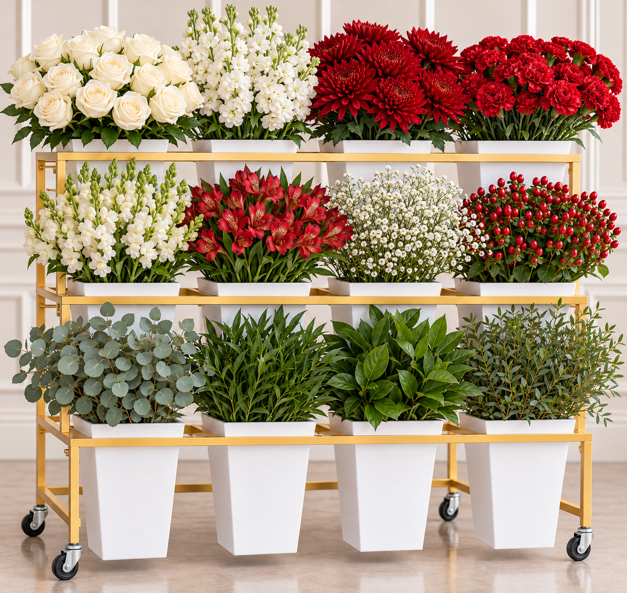 Mobile bloom bar perfect for winter celebrations featuring ivory and deep red florals. 