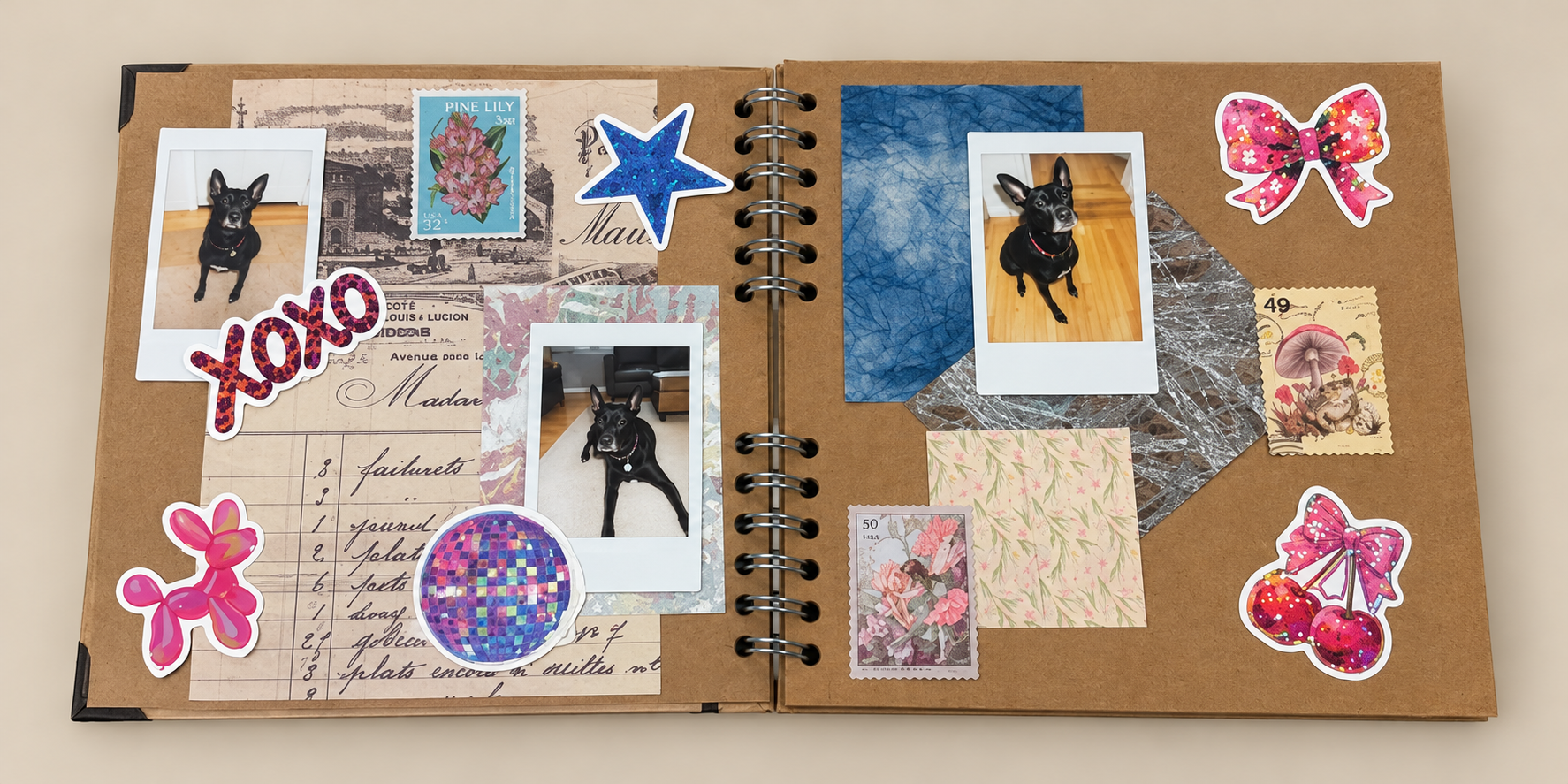 Cute and colorful vintage dog-themed scrapbook.