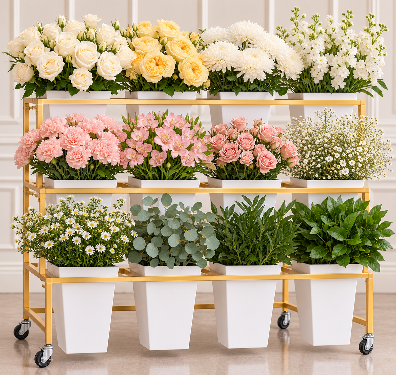 Photo of beautiful mobile bloom bar with pink and ivory florals and greenery.