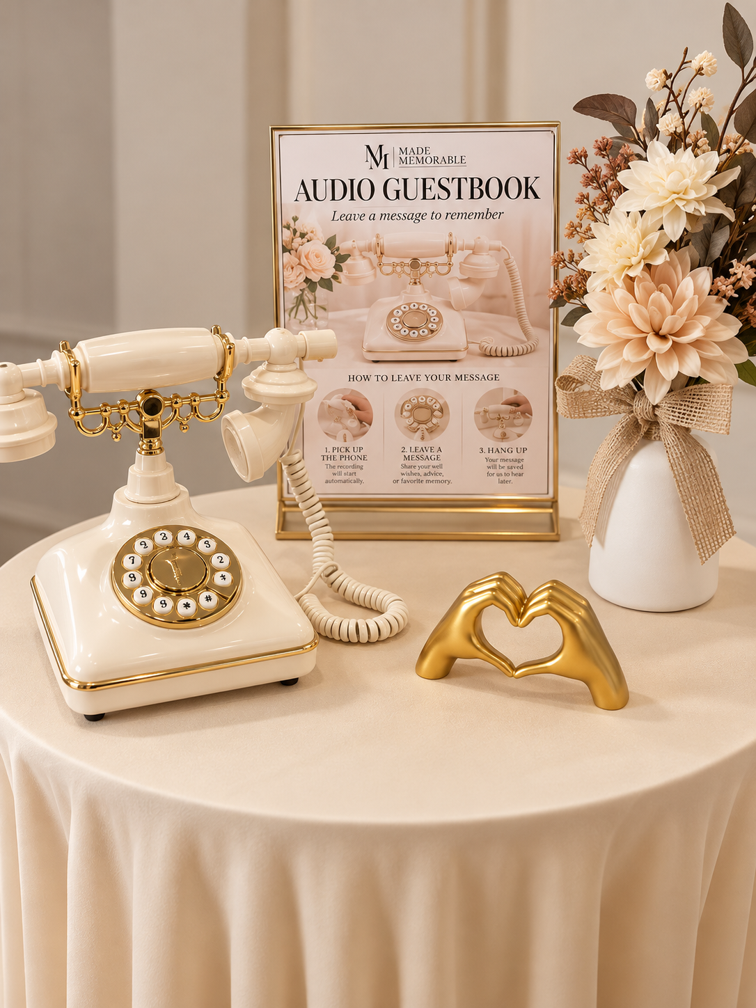 An elegant vintage-style white rotary telephone with gold accents on a table, next to a golden hand sculpture forming a heart shape, a white vase with a floral arrangement of white and pink flowers, and a framed sign explaining how to leave an audio 