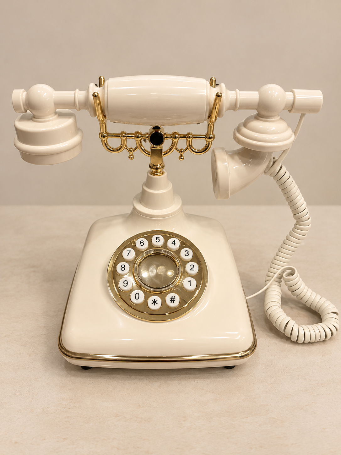 A vintage white rotary telephone with gold accents and a decorative chain, featuring a beige background.