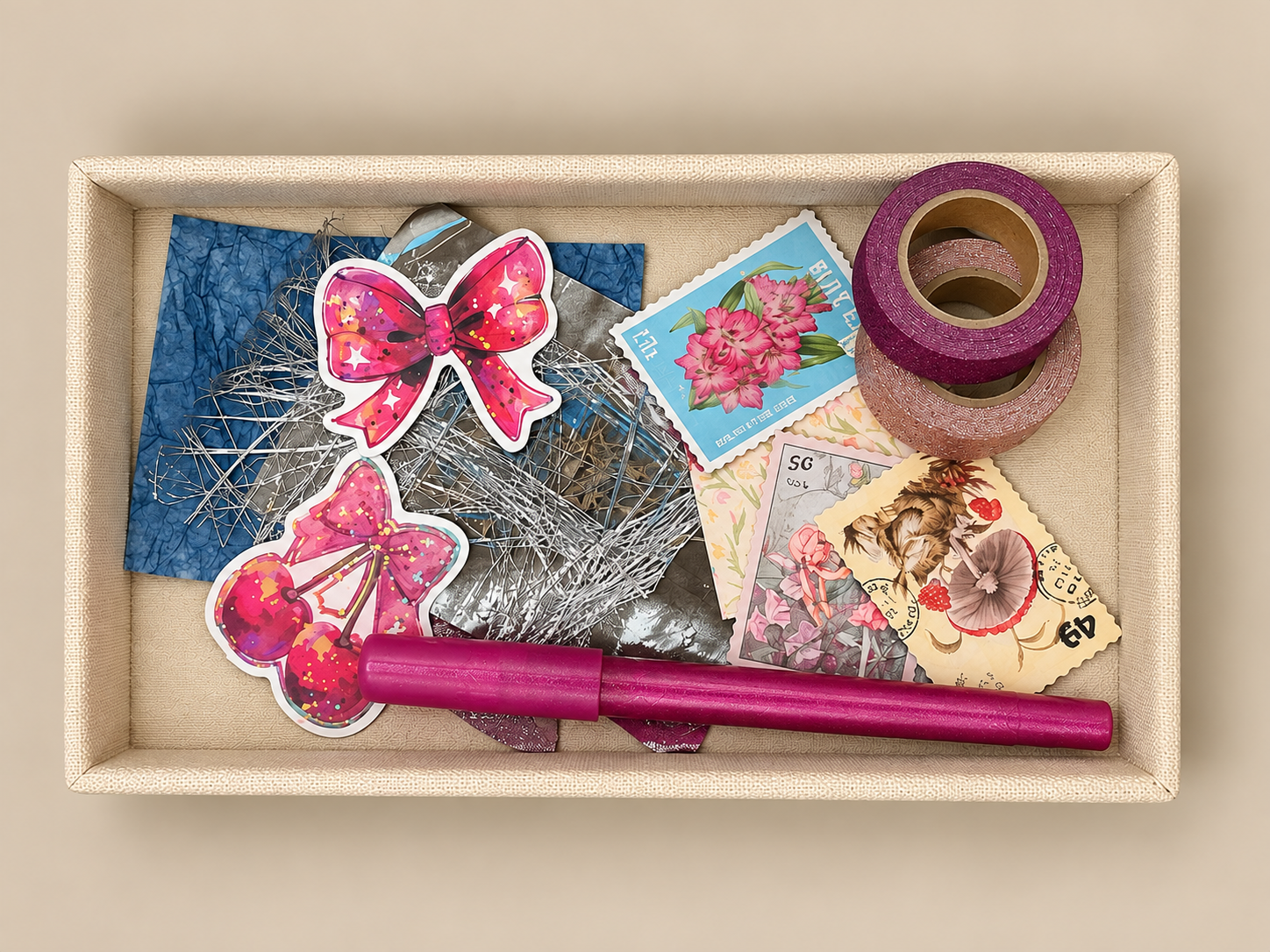 A beige box containing colorful decorative items including two butterfly-shaped stickers, various postage stamps with floral and animal designs, a pink rolled-up paper or tool, and rolls of purple and pink decorative tape.