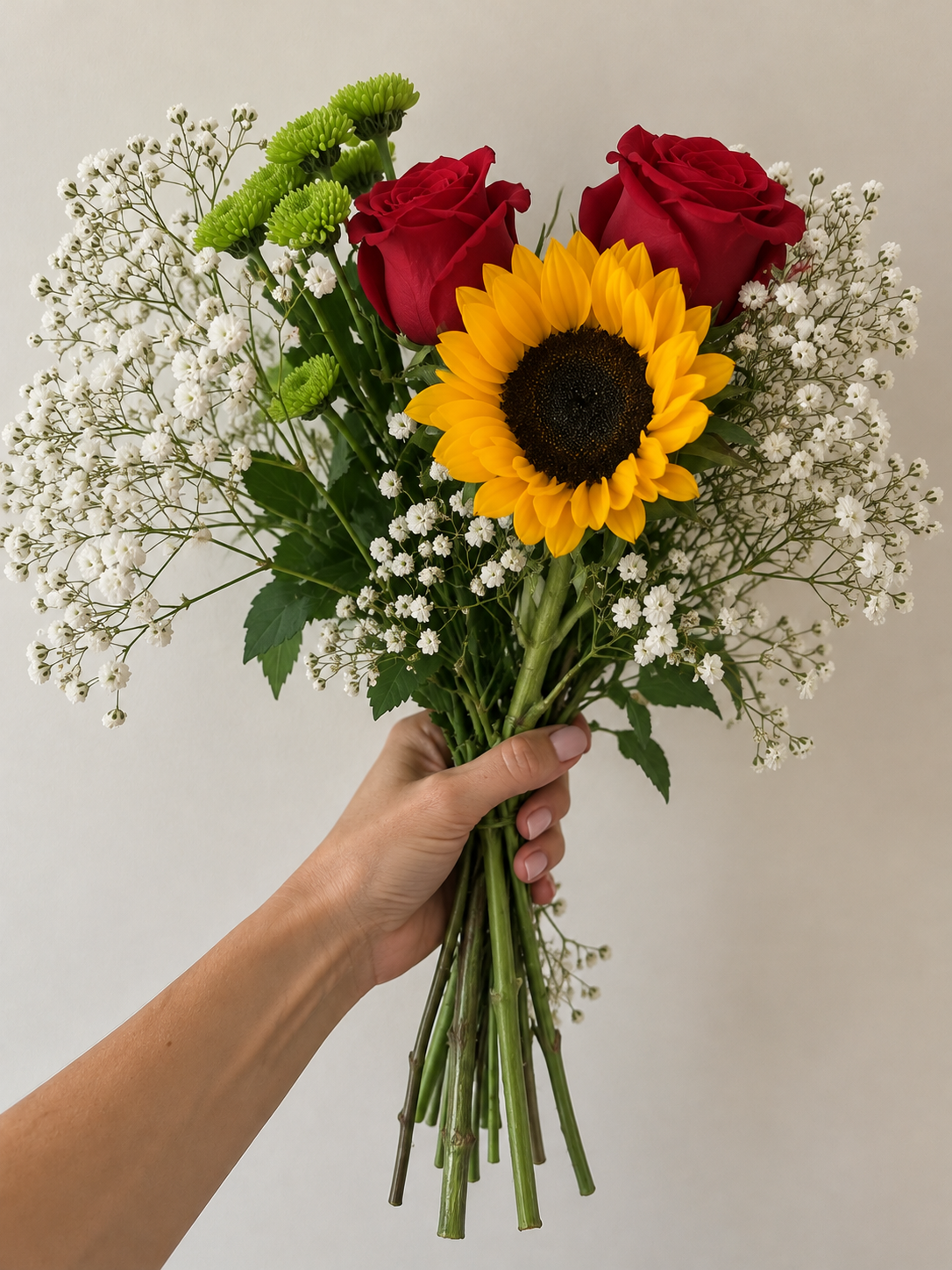 Hand holding a colorful bouquet of red roses, a sunflower, green chrysanthemums, white baby's breath, and green leaves against a plain light background.