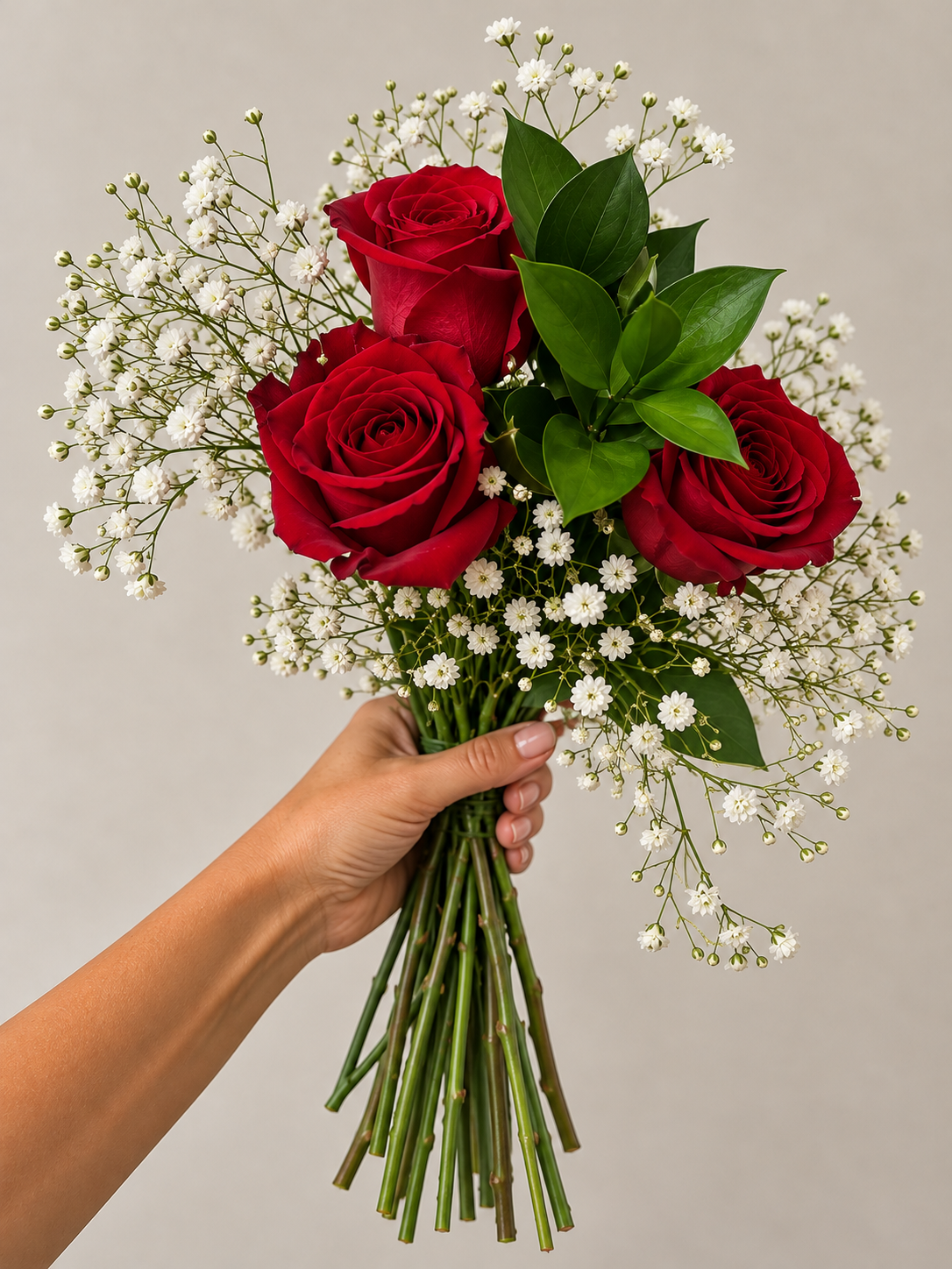 A hand holding a bouquet of red roses, white baby's breath flowers, and green leaves against a neutral background.