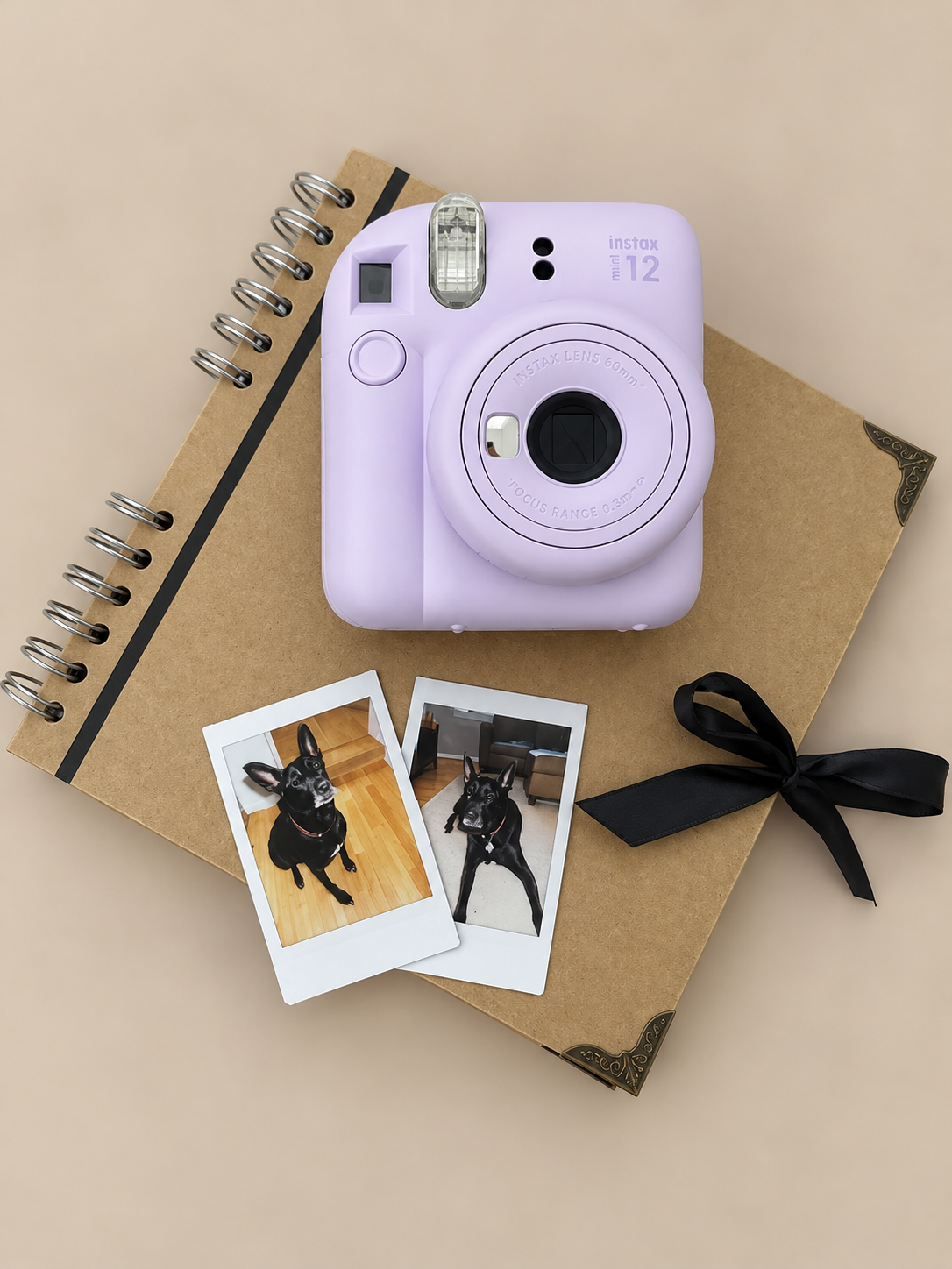 A purple instant camera and photos of a dog on a scrapbook.