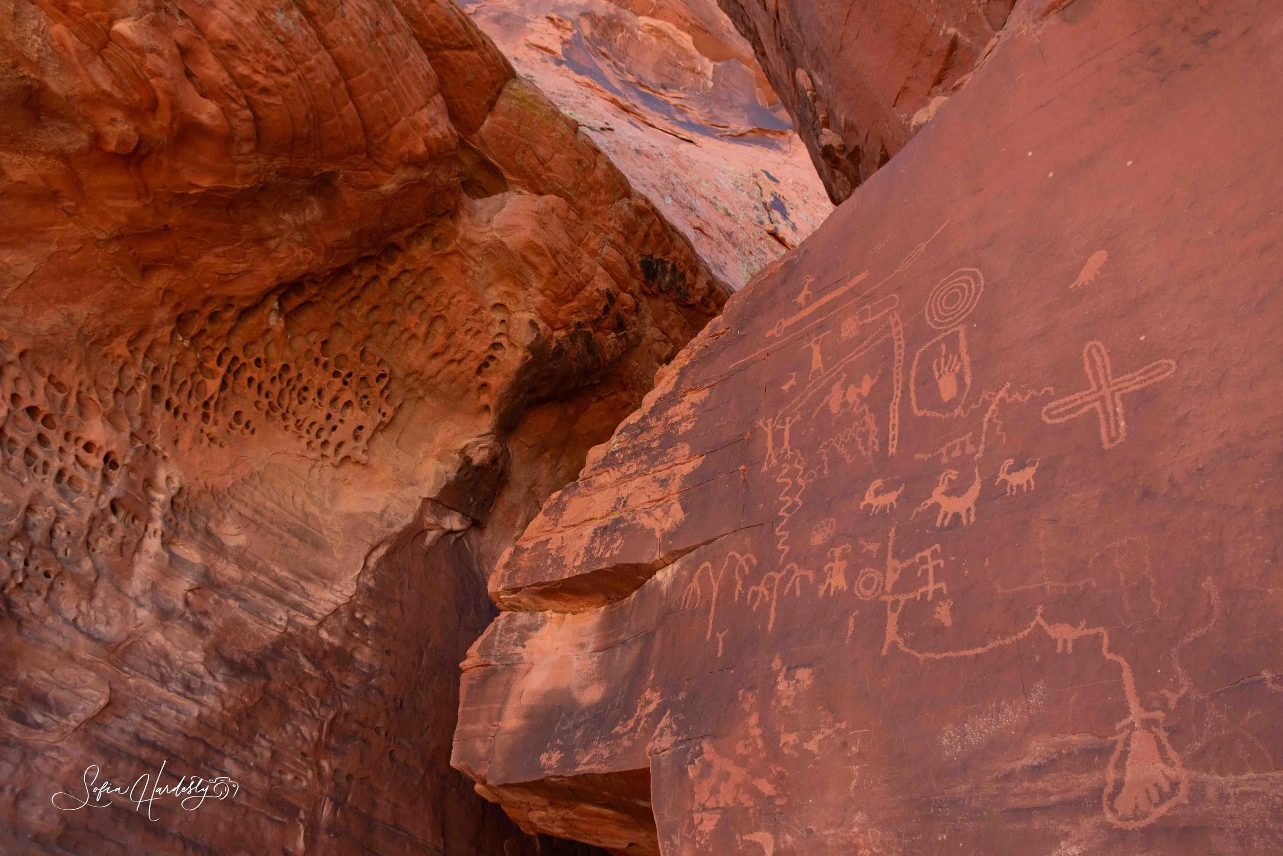 Ancient petroglyphs etched into red sandstone cliffs in a desert landscape.