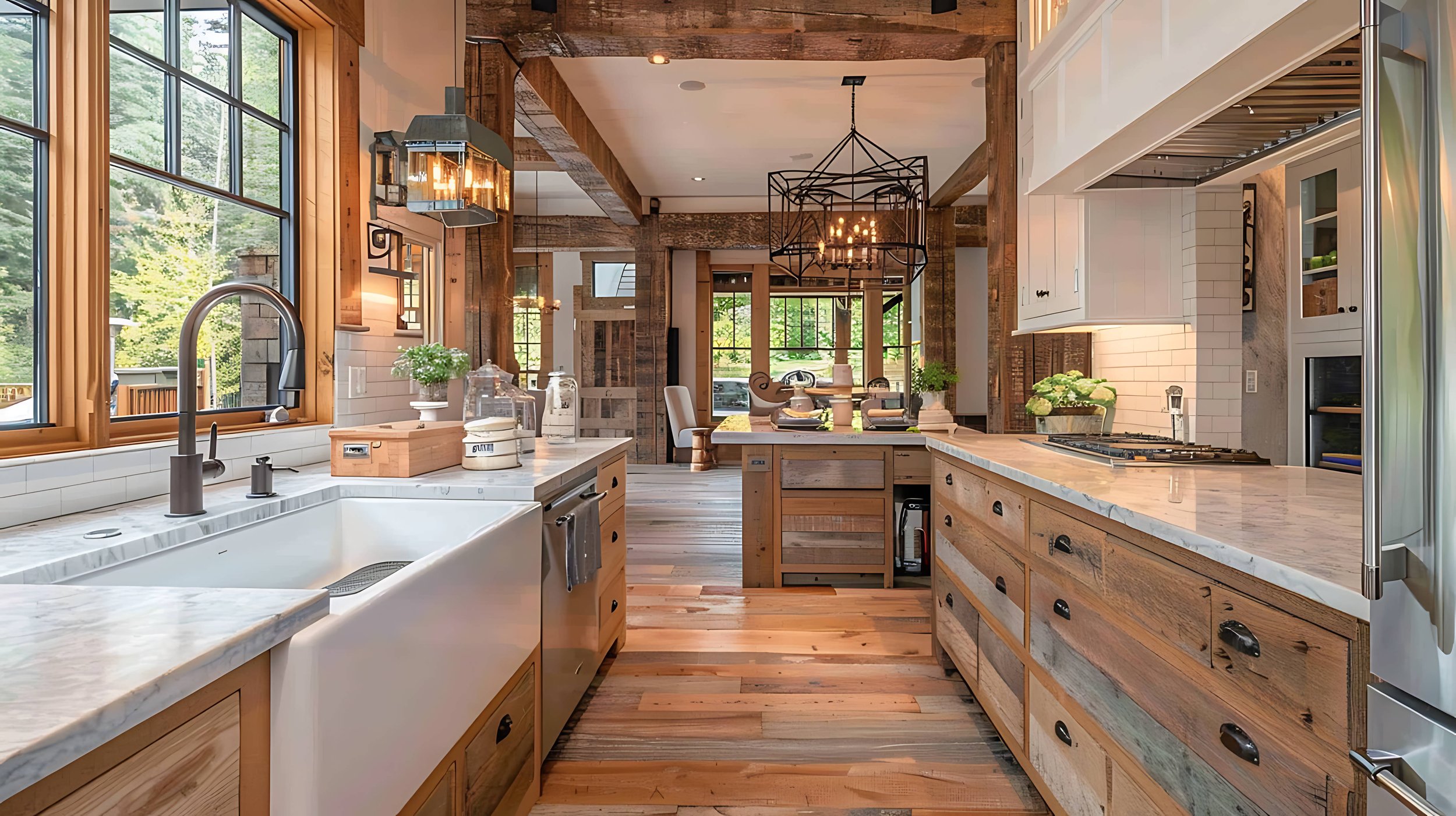A spacious kitchen with large windows, wooden cabinets, and a marble countertop. Open shelving, a sink beneath the windows, and a stove are visible. The room has exposed wooden beams, a chandelier, and a view of a sunny outdoor area with trees.