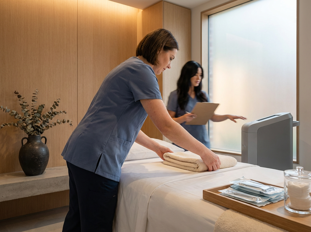 Two women in gray scrubs preparing a bed in a modern, well-lit room. One woman is folding towels on the bed while the other holds a notepad or clipboard near a large window.