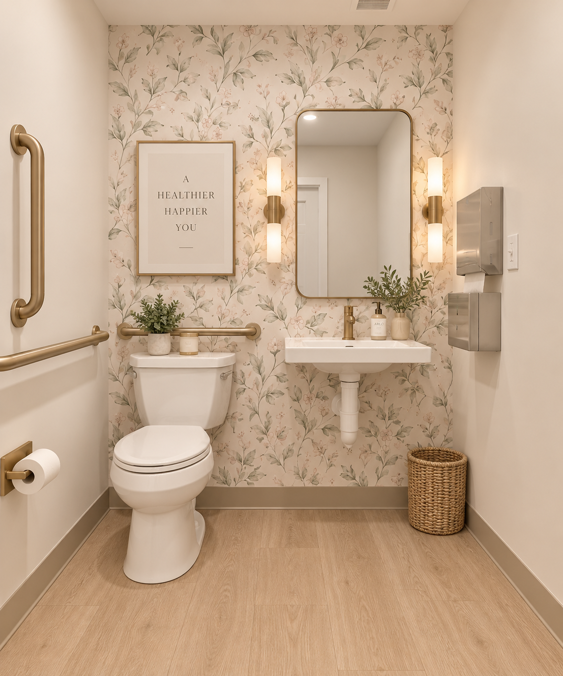 A small, decoratively styled bathroom with floral wallpaper, a framed poster that says 'A healthier, happier you,' a white toilet with a plant and candle on top, a small white sink with a gold faucet, a rectangular mirror, and wall-mounted light fixtures. There is a woven basket on the floor, a wall-mounted hand sanitizer dispenser, a paper towel dispenser, and a brass grab bar next to the toilet.