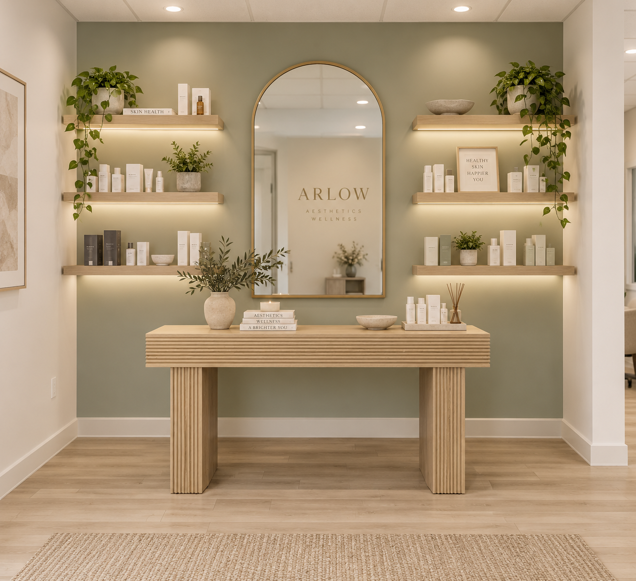 Interior view of a wellness or skincare spa with a large mirror, wooden shelves with skincare products and plants, a wooden table with a plant and books, and soft lighting.