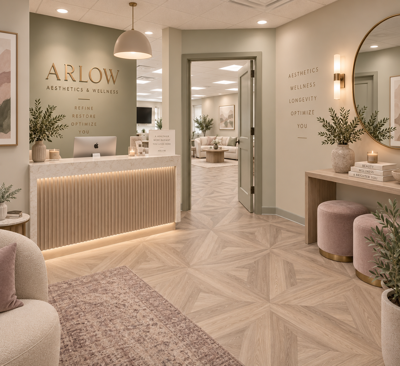 Modern wellness clinic reception area with a light-colored wooden floor, a reception desk with accent lighting, and soft neutral tones. Decor includes green plants, wall art, wall-mounted lights, and wellness-related text on the walls. In the background, a seating area with couches and a coffee table is visible.