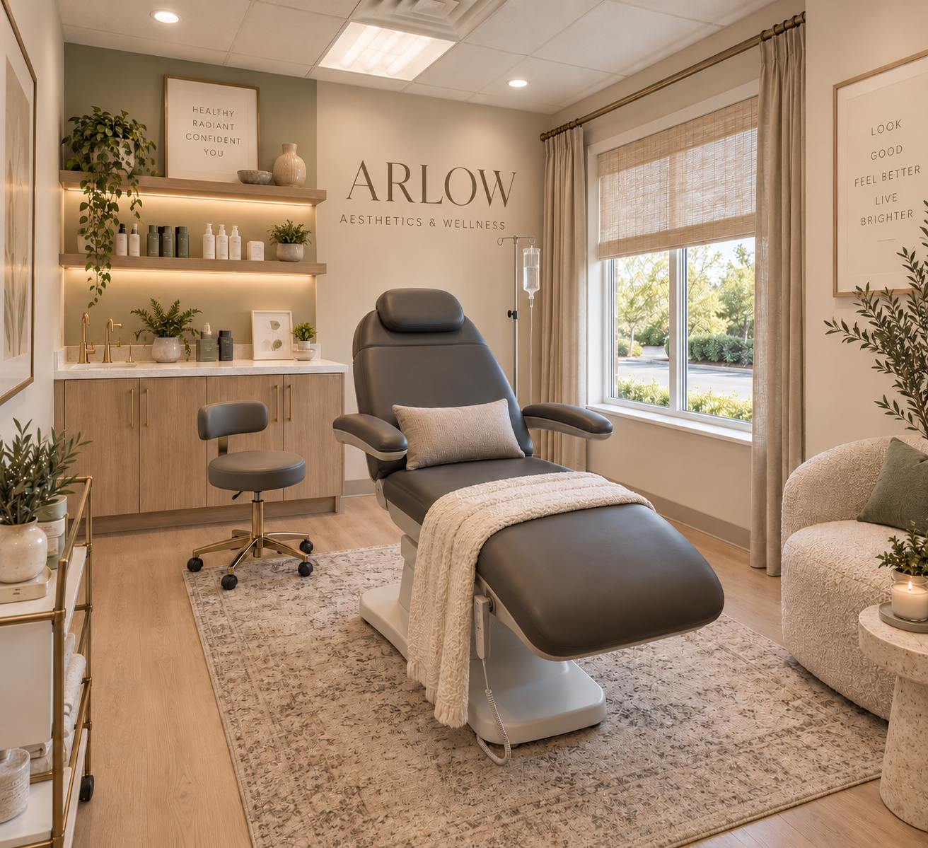 A wellness clinic treatment room with a black medical chair, beige pillows, and a white blanket, surrounded by natural decor, plants, and wooden accents, with large windows and calming artwork.