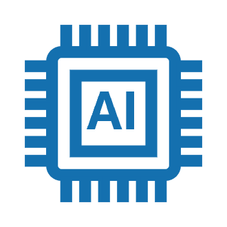 Icon of a microchip with the letters AI in the center, representing artificial intelligence technology.
