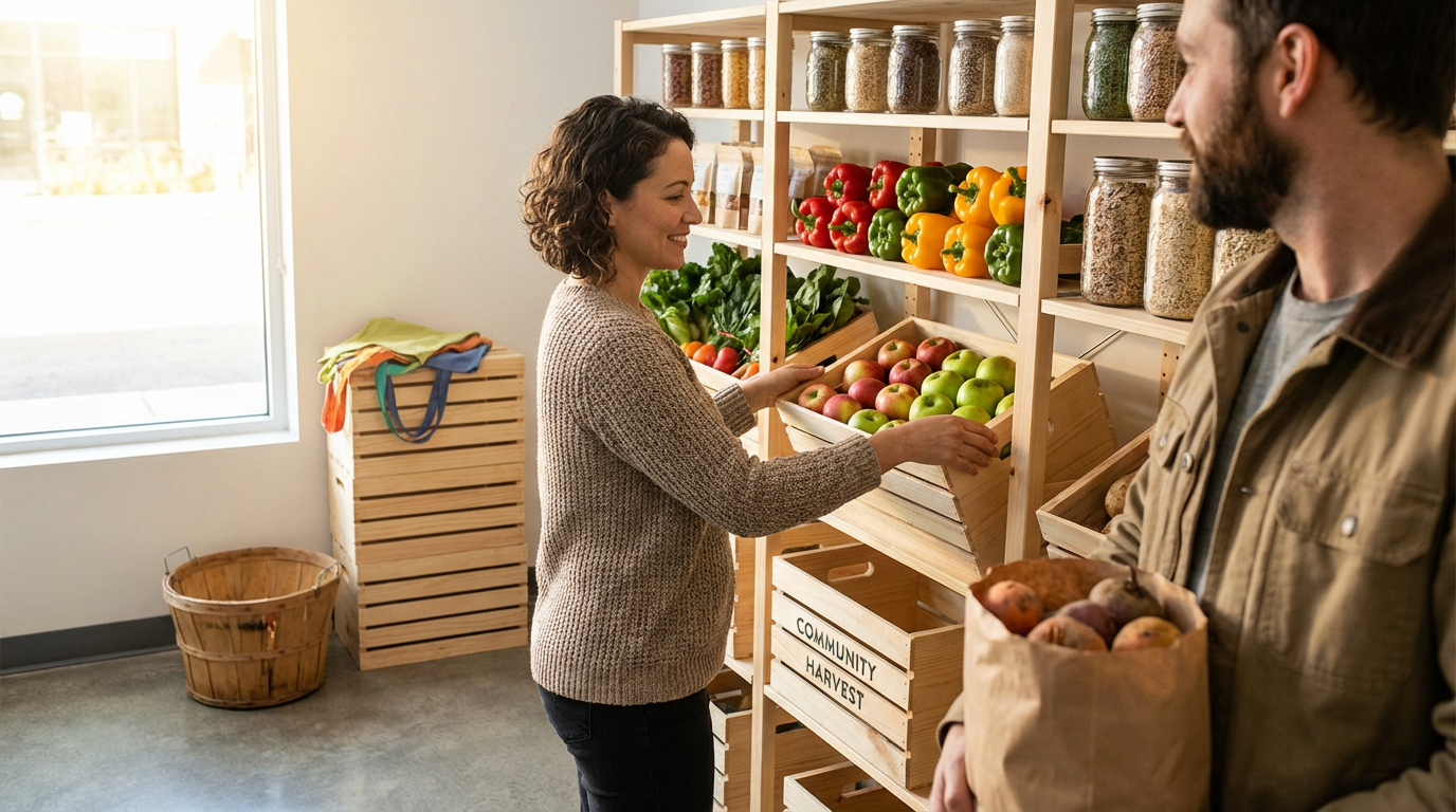 A woman shopping for apples at a community market, with shelves of fresh produce and jars of grains behind her, while a man holds a paper bag of potatoes nearby.