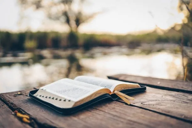 Open Bible resting on a wooden surface outdoors with a blurry lake and trees in the background.