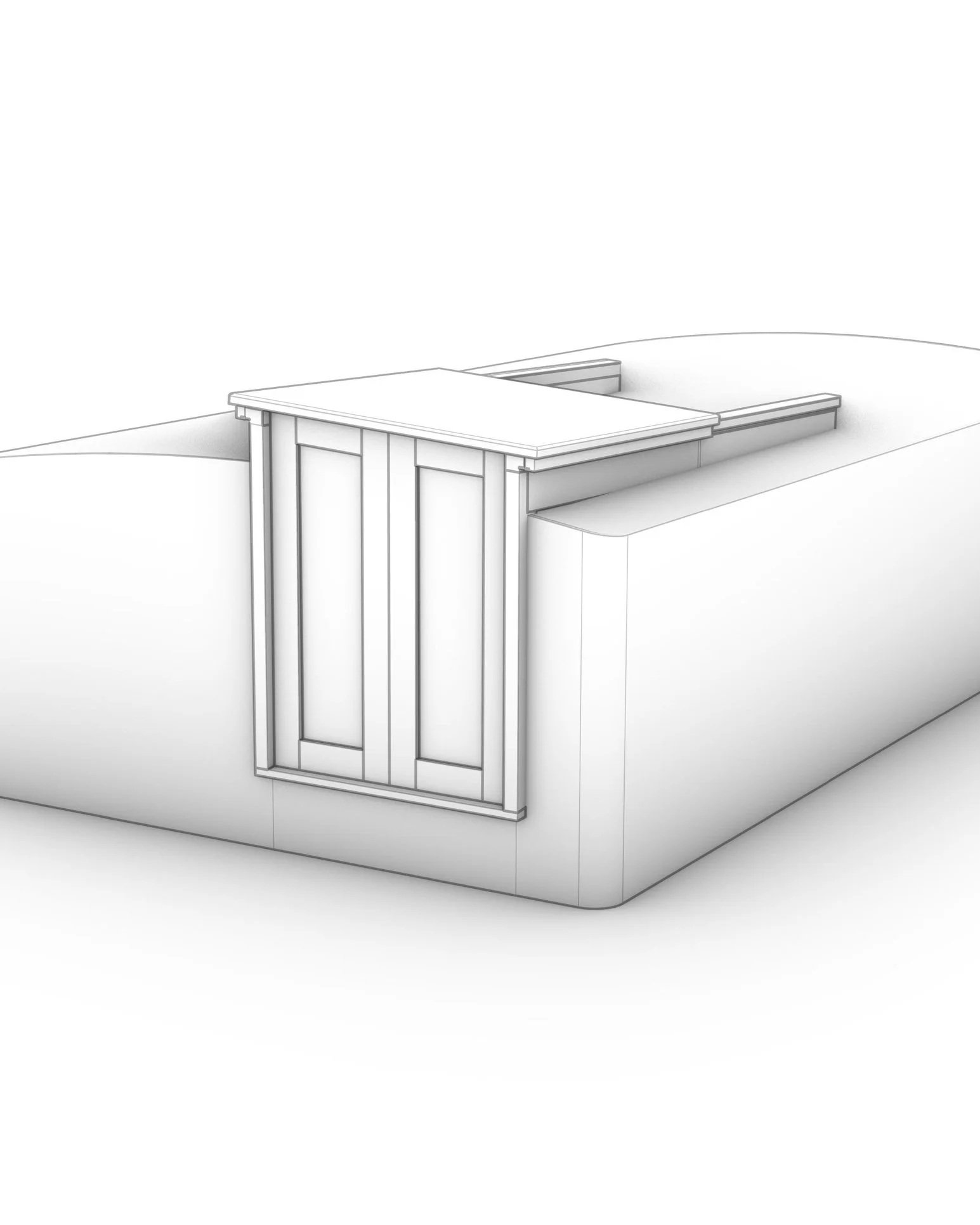A digital rendering of a modern kitchen island with a flat surface and built-in storage cabinets, positioned on a minimalistic floor in a mostly white room.