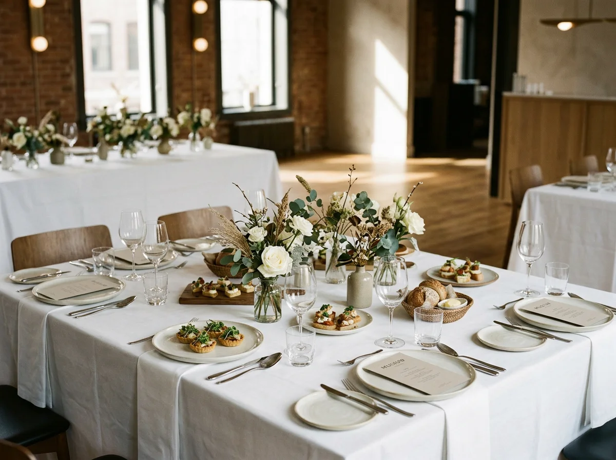 Mesa preparada para una celebración elegante con mantelería blanca, vajilla, flores blancas y presentación de catering.