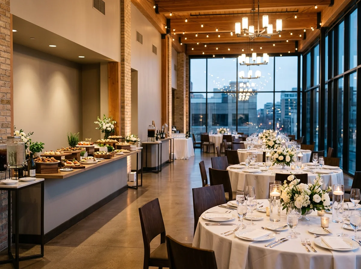 Salón elegante preparado para eventos y celebraciones, con mesas decoradas, arreglos florales, velas y zona de catering.