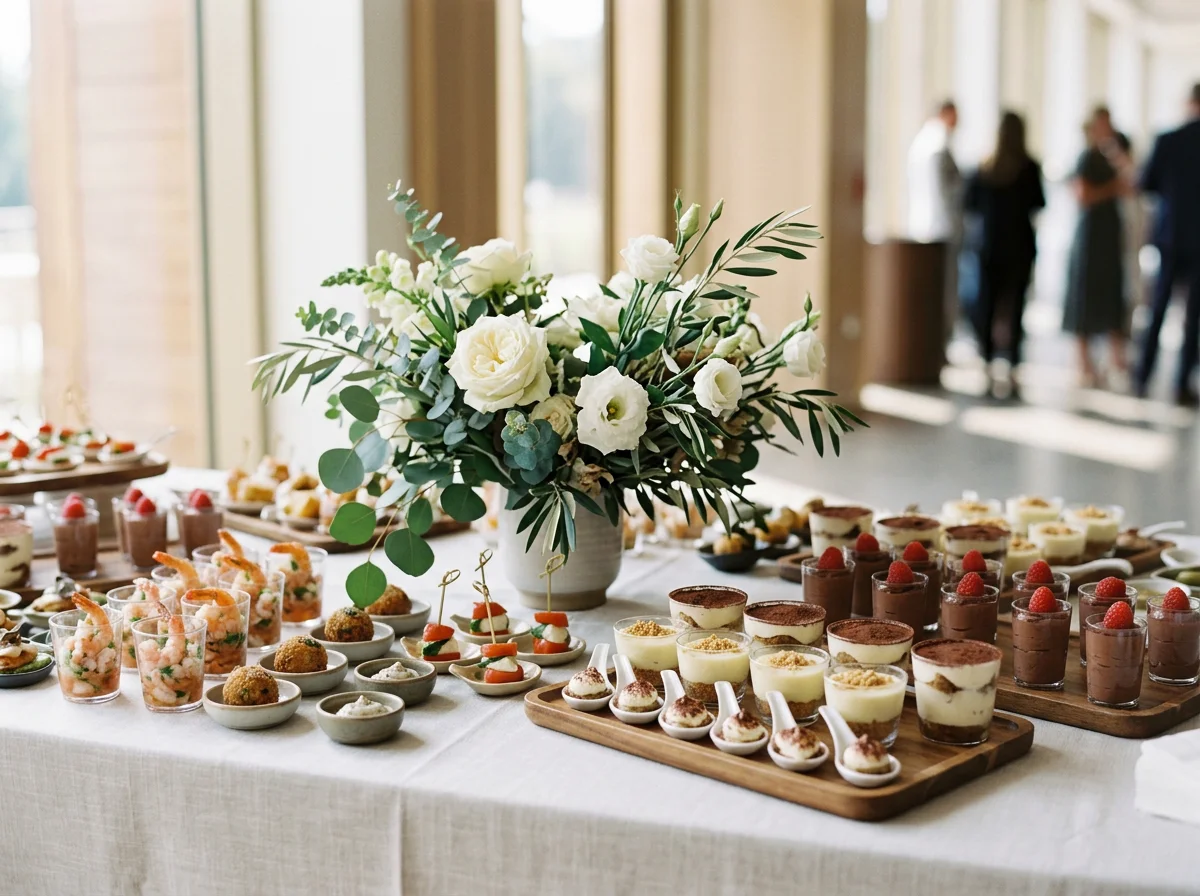 Salón preparado para una celebración elegante con mesas vestidas de blanco, flores, velas y estación de catering.