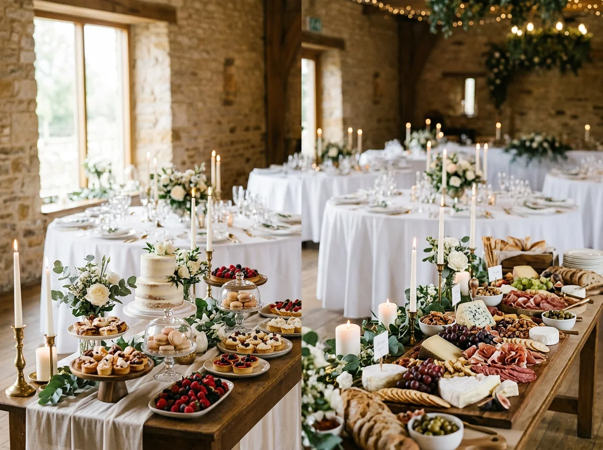 Mesa decorada con flores blancas, velas largas y una variedad de alimentos, incluidos quesos, embutidos, frutas y pasteles en un evento elegante en un salón con paredes de piedra y ventanas grandes.