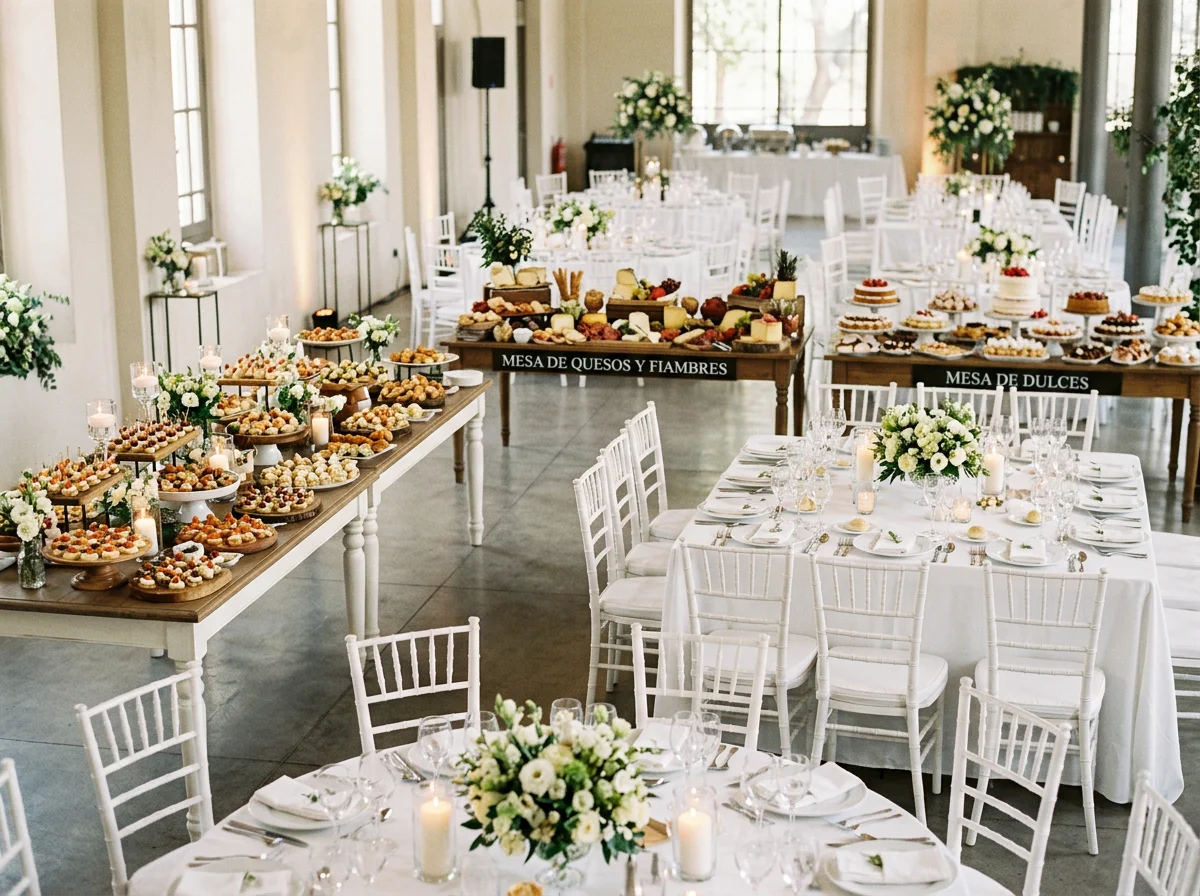 Salón de eventos con mesas decoradas, flores blancas, velas y buffet de quesos, fiambres, dulces y aperitivos.