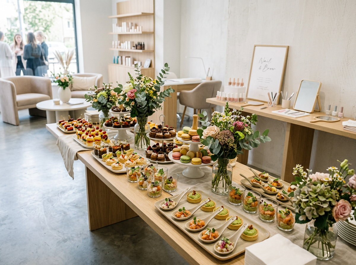 Mesa con postres y macarons decorada con arreglos florales en un espacio interior con ventanas grandes