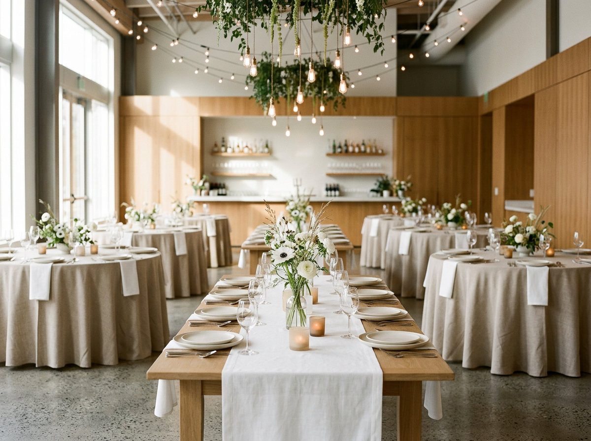 Salón preparado para eventos con mesas decoradas en tonos beige, flores blancas, iluminación cálida y vegetación suspendida.