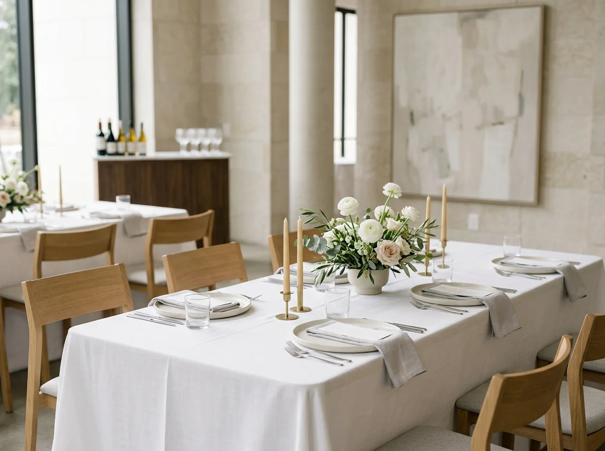 Mesa elegante para celebración con flores blancas y rosas, candelabros con velas, vajilla y copas cuidadosamente dispuestas.