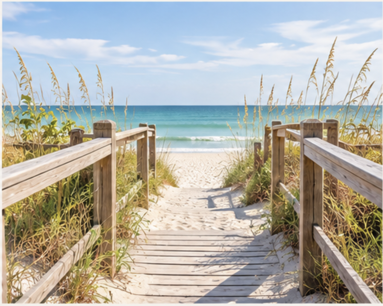 Wooden pathway leading to a beach with sand, ocean waves, and a blue sky with clouds.