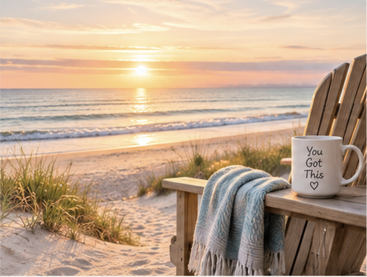 Sunset over the ocean viewed from a sandy beach with wooden chairs, a mug with the message 'You Got This' and a blanket draped over the chair.